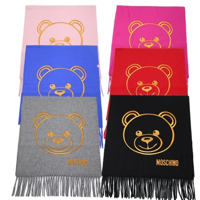 MOSCHINO 泰迪熊臉純羊毛寬版流蘇圍巾(多色選)