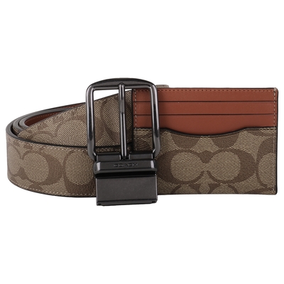 COACH 防刮LOGO穿式皮帶+名片夾禮盒組(深卡其x駝) 42