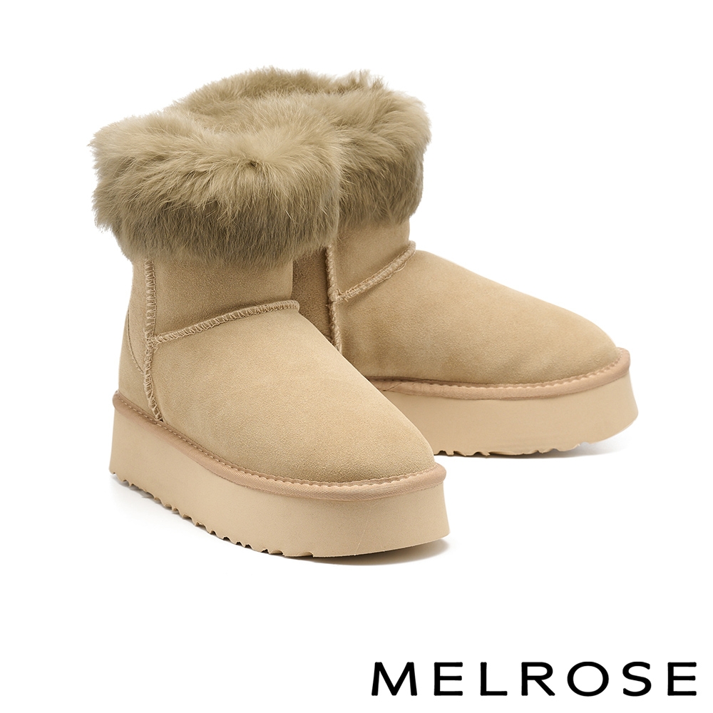 短靴 MELROSE 美樂斯 簡約溫暖毛絨牛麂皮厚底短靴－米