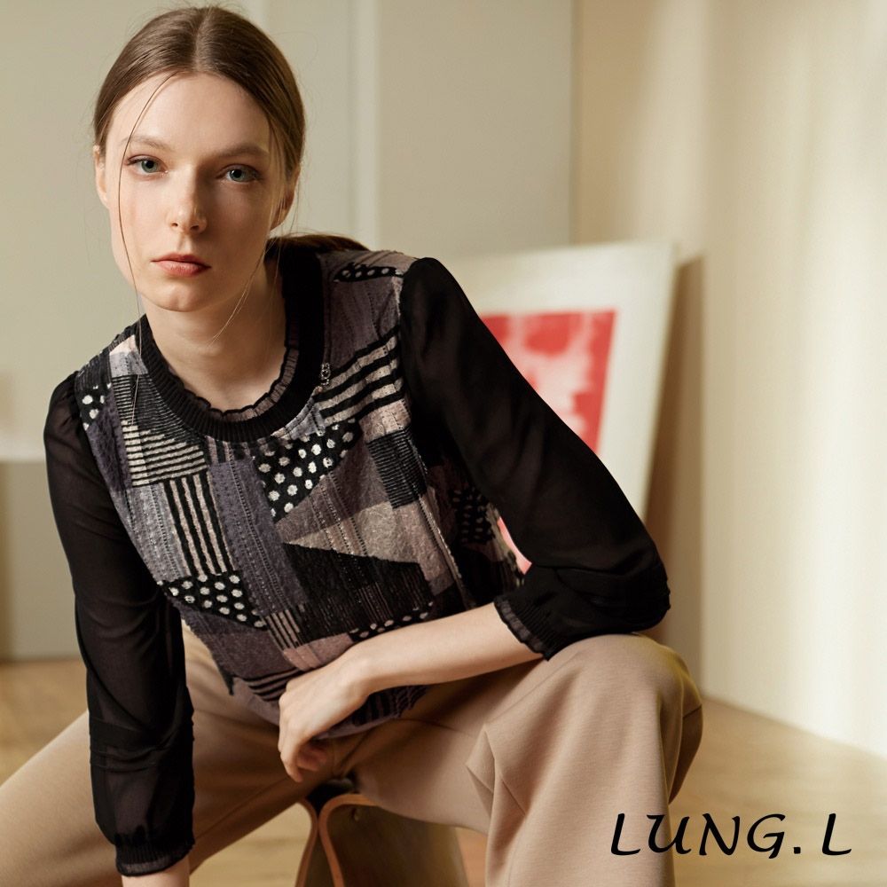 LUNG.L林佳樺 黑色幾何層次拼接雪紡七分袖女裝上衣 LX62A