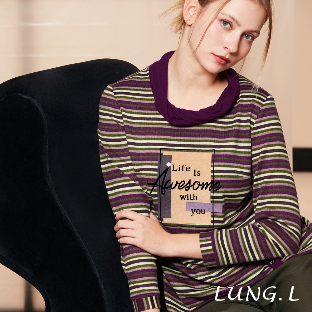 LUNG.L林佳樺 紫色條紋造型領長版長袖女裝上衣LQ87A