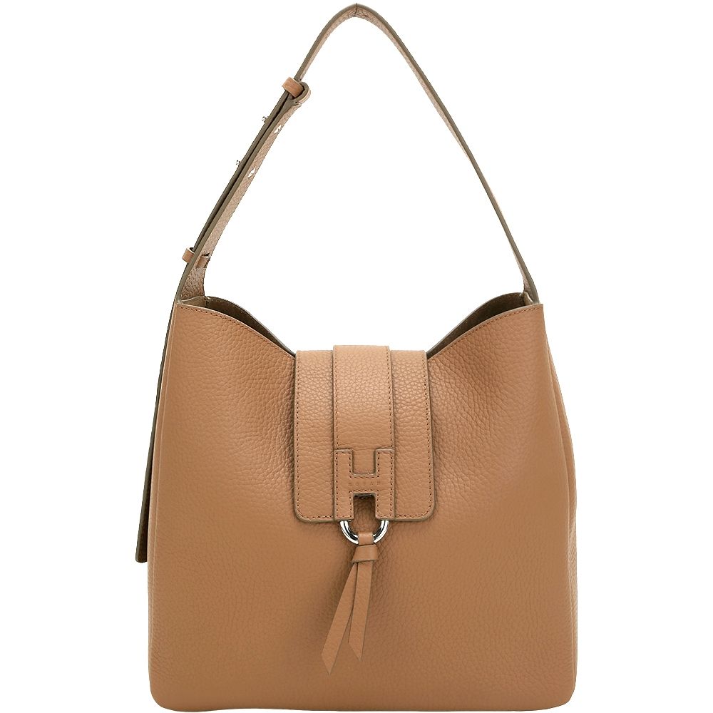 HOGAN Trend Hobo H流蘇翻蓋扣帶 荔紋牛皮手提 肩背包(棕色)