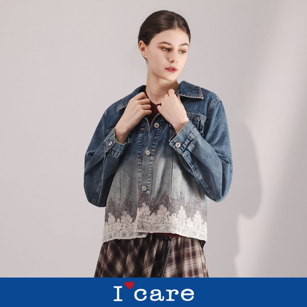 現貨【I'care 依卡】台灣製 漸層刷色蕾絲牛仔外套（F）｜牛仔外套 女休閒外套