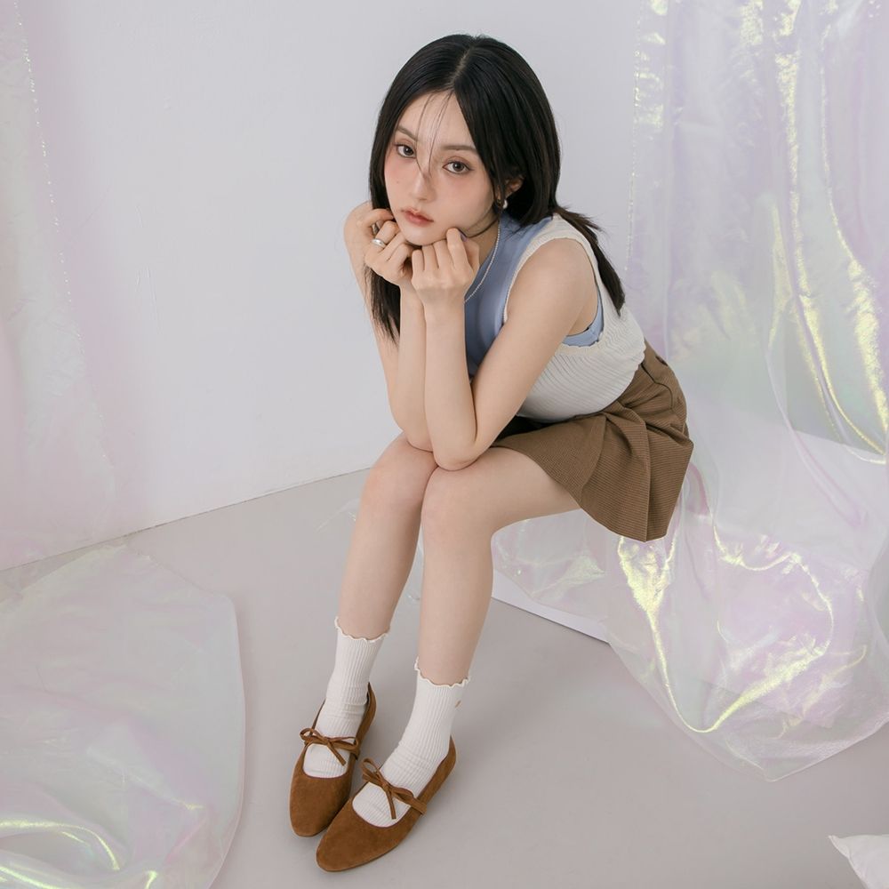 【Grace Gift】日常可愛感蝴蝶結瑪莉珍內增高平底鞋 棕