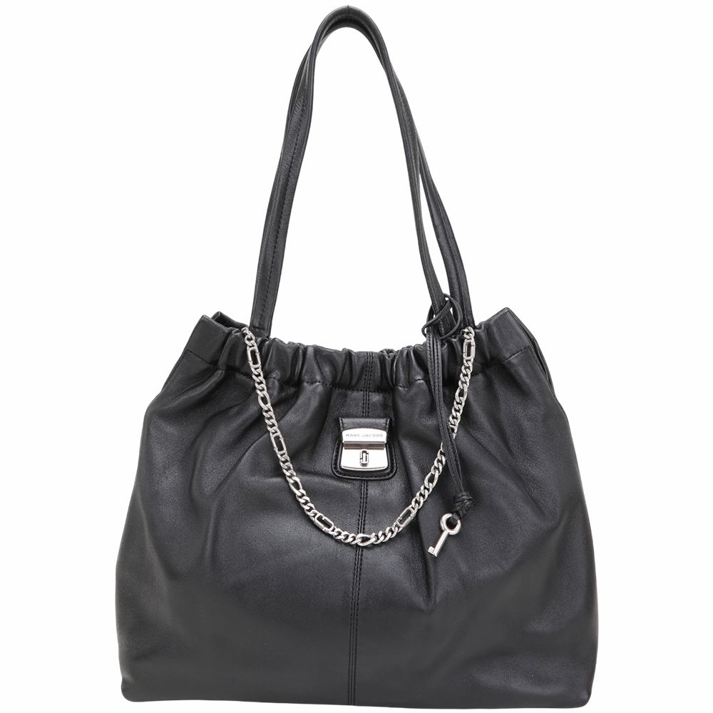 MARC JACOBS The Cristina 納帕皮革鍊條皺褶手提 肩背托特包(黑色)