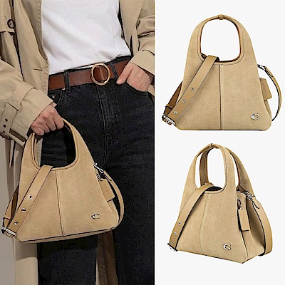 COACH Lana 23 立體銀字LOGO麂皮拼牛皮飾邊開口式手提斜背包(花生米)