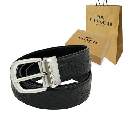 COACH 男款浮雕C LOGO寬版皮帶禮盒+紙袋(馬蹄釦環-黑)