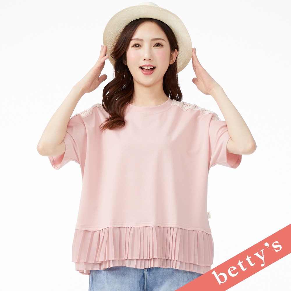 betty’s貝蒂思　下擺壓褶拼接蕾絲肩線T-shirt(粉色) (粉色)