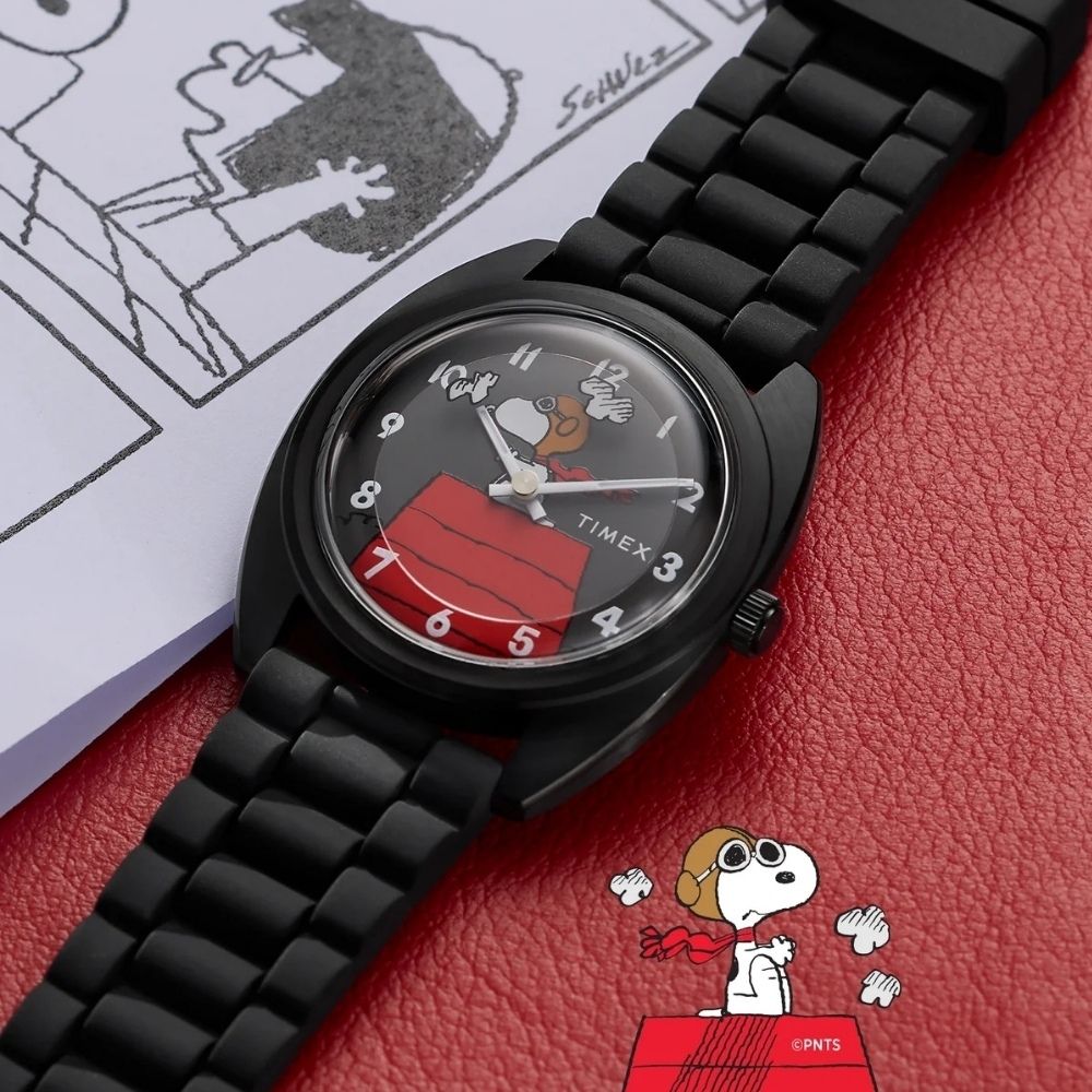 TIMEX 天美時 史努比聯名  37毫米 1979 復刻版  王牌飛行者 矽膠腕錶(黑 TXTW2Y70900)