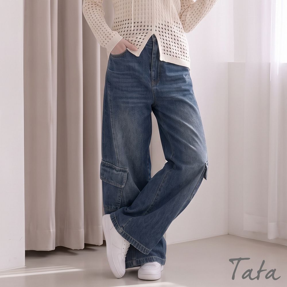 TATA 工裝風牛仔彎刀長褲-S~XL (藍色)