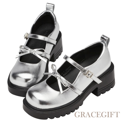 【Grace Gift】韓系方頭蝴蝶結雙帶輕量瑪莉珍鞋 銀