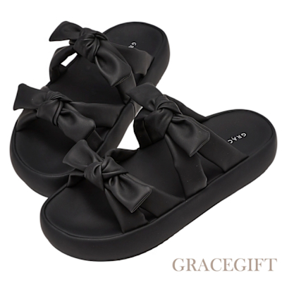 【Grace Gift】Y3K甜酷澎澎蝴蝶結雲感厚底涼鞋 黑