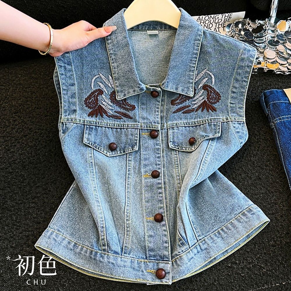 初色 美式復古風翻領無袖單排釦刺繡牛仔馬甲背心女背心-藍色-52486(M-L可選)