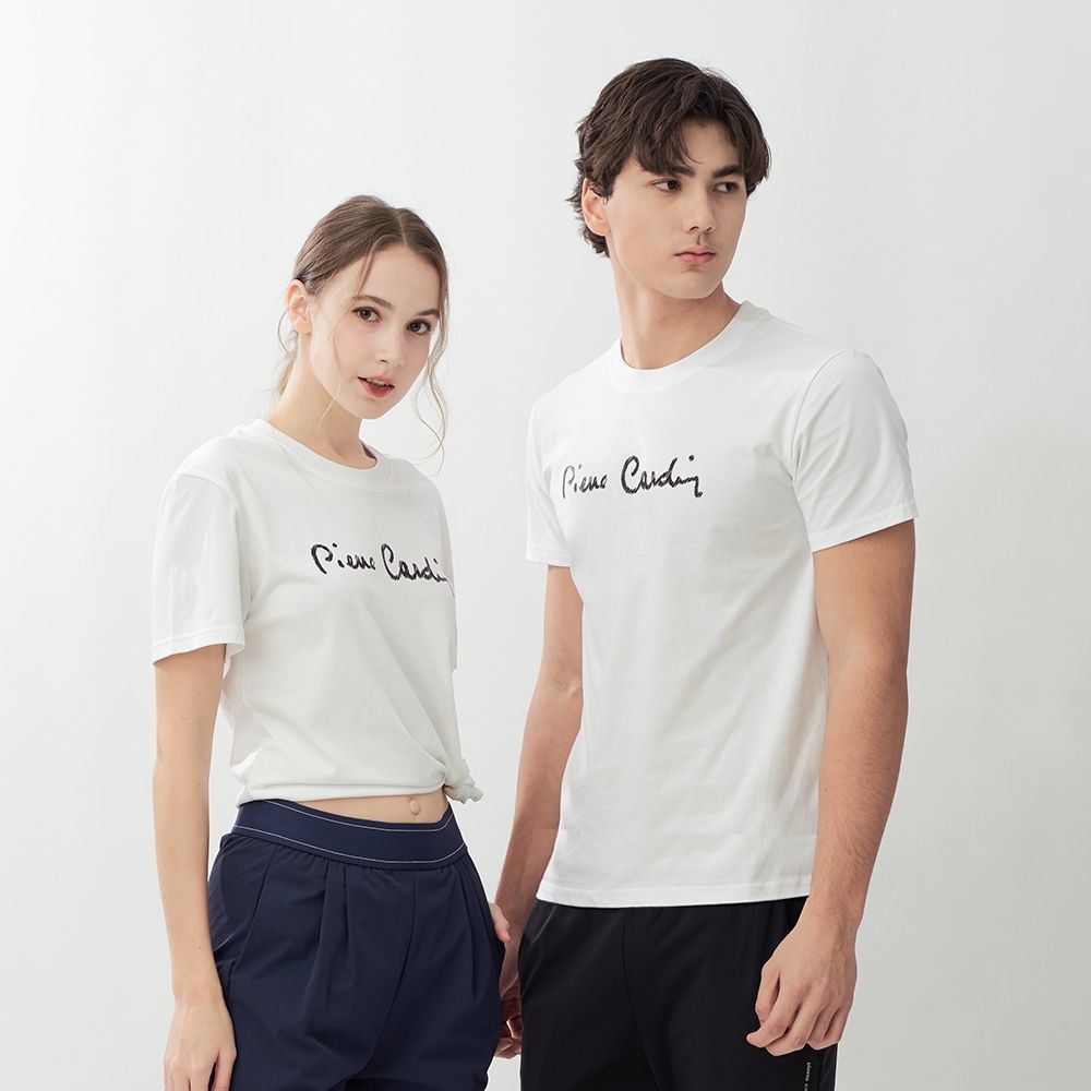 pierre cardin 皮爾卡登 男女同款 涼感英文草寫印花logo圓領短袖T恤(多色任選) (白色系)