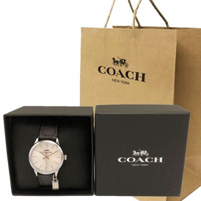 COACH 經典C LOGO小吊飾女款石英手錶禮盒附紙袋(黑灰)