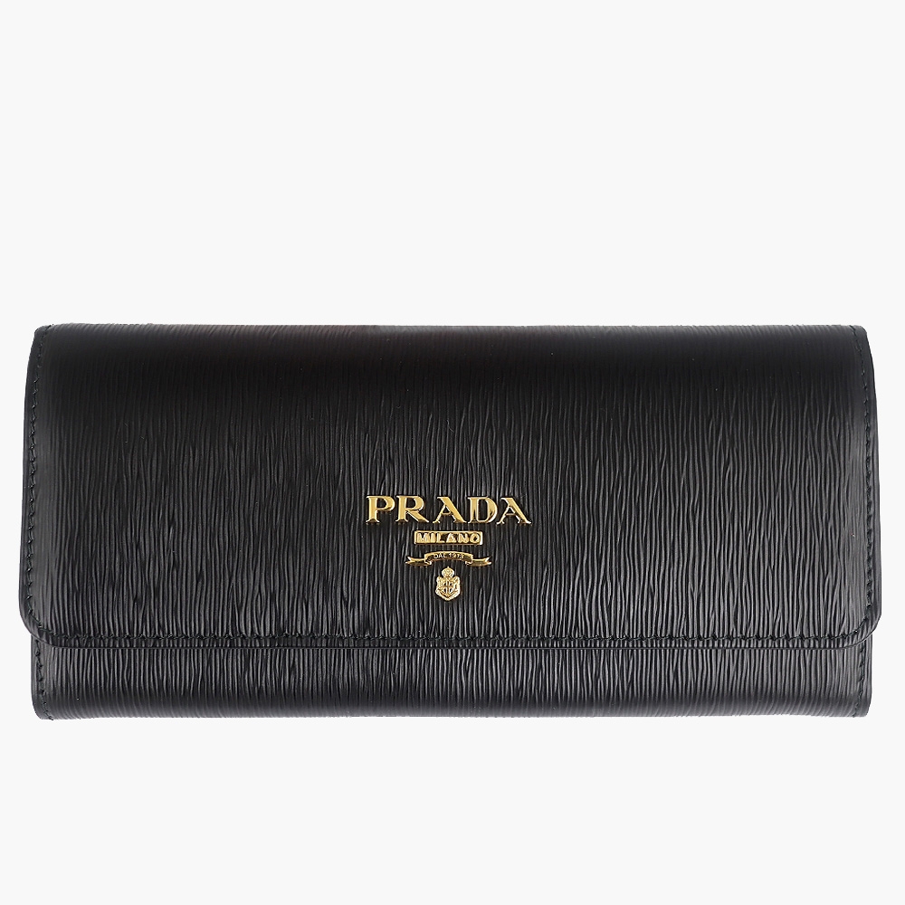 PRADA 普拉達 金字黑色縱紋皮邊押扣長夾(10卡)