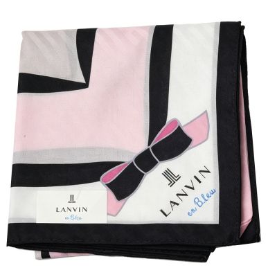LANVIN en Bleu粉紅底黑緞帶蝴蝶結品牌字母LOGO圖騰帕領巾(50CM)