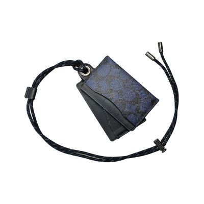COACH藍黑C Logo PVC/黑色真皮頸掛式證件票卡夾組