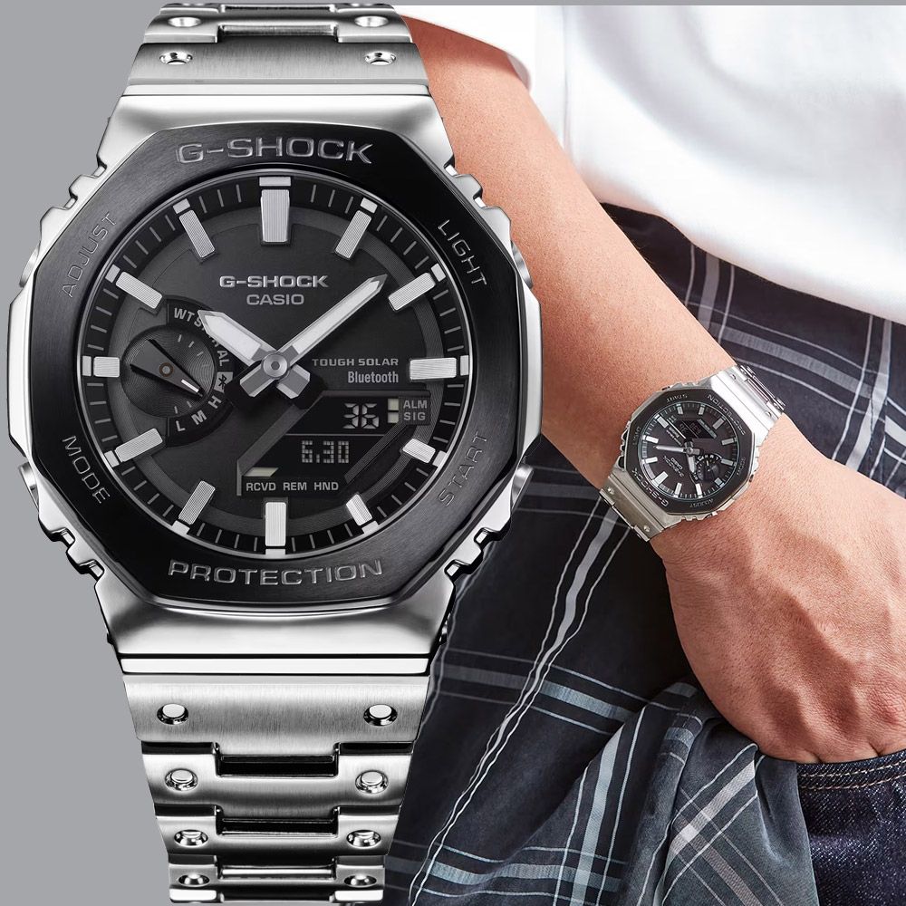 CASIO 卡西歐 G-SHOCK 全金屬太陽能藍牙雙顯錶 手錶 開學換新季 送禮推薦-黑x銀 GM-B2100BT-1A