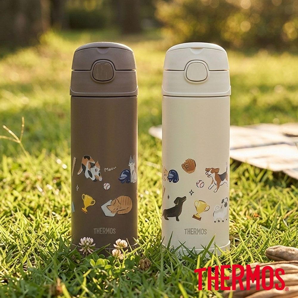 THERMOS膳魔師棒球狗狗貓貓不鏽鋼真空兩用保冷瓶兒童水壺470ml(F4021CBB)