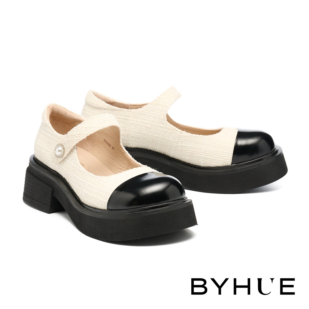 厚底鞋 BYHUE 優雅氣質鑲鑽珍珠魔鬼氈寬帶異材質瑪莉珍軟芯厚底鞋－米白
