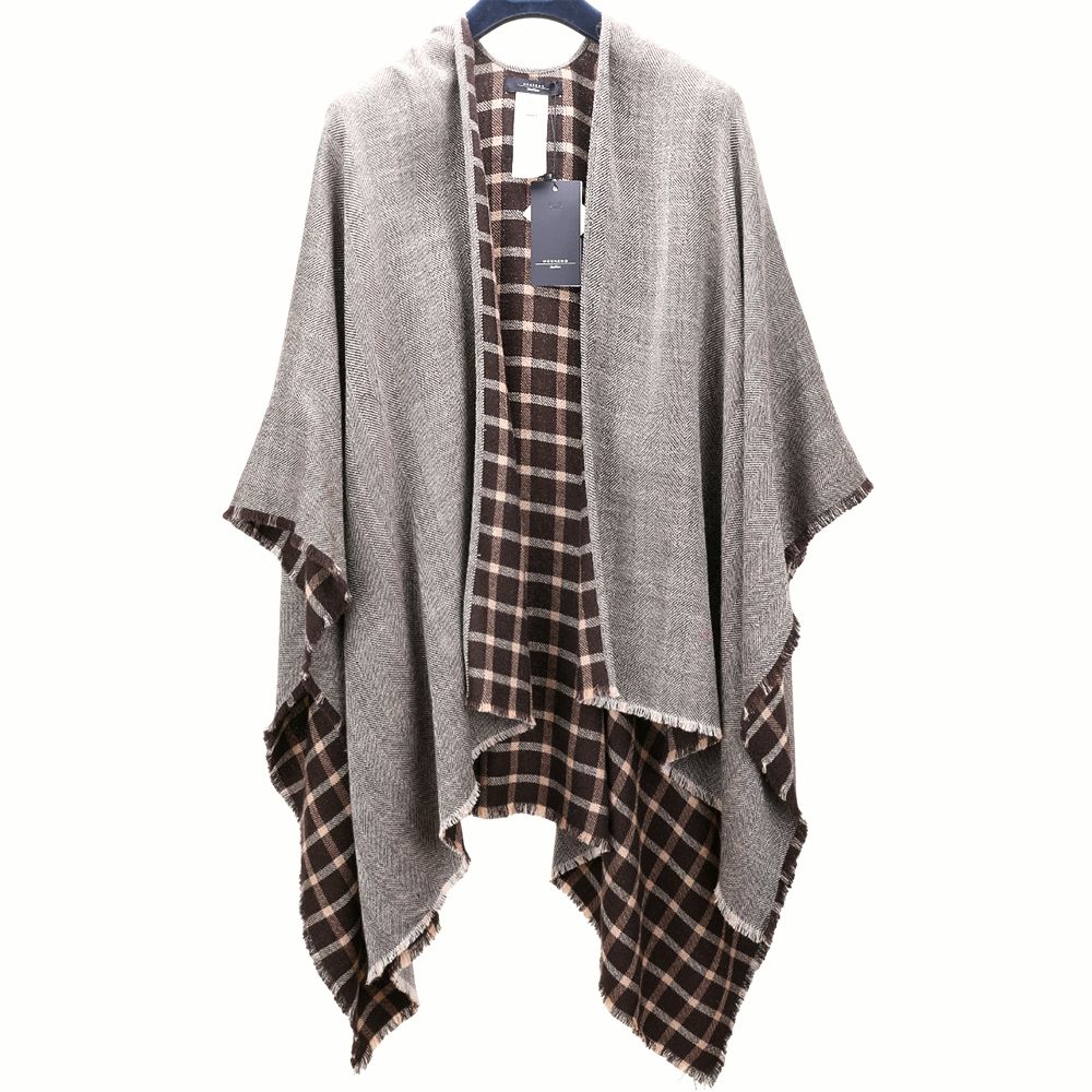 Max Mara-WEEKEND OGNUNO 100%羊毛 格紋x人字紋棕色短流蘇披肩 斗篷(160x130CM)