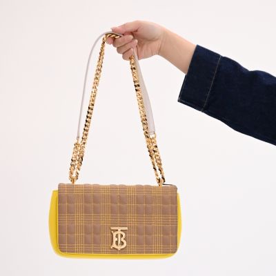 BURBERRY 巴寶莉 Lola 金屬LOGO格紋車線翻蓋斜背鍊包(卡其/黃)