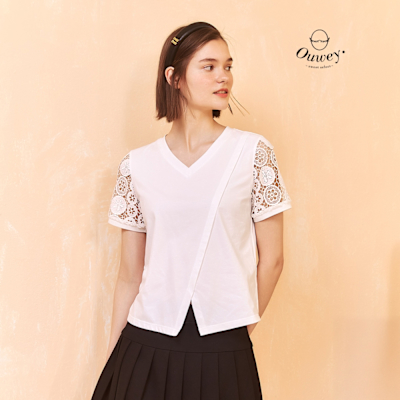 OUWEY歐薇 拼接蕾絲袖V領彈性棉質上衣(白；S-XL)