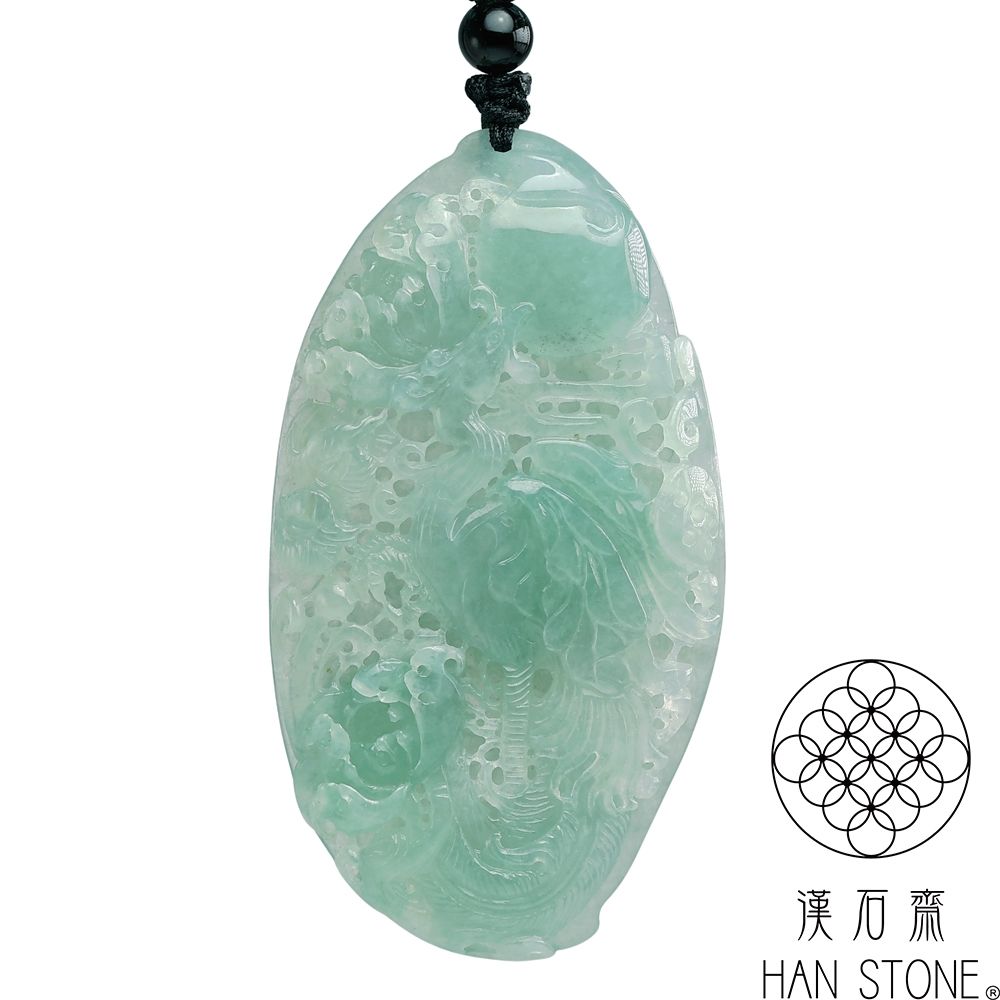 【漢石齋】天然翡翠A貨 鳳凰呈祥鏤空雕玉佩吊墜 冰種飄花(38*69*8mm)