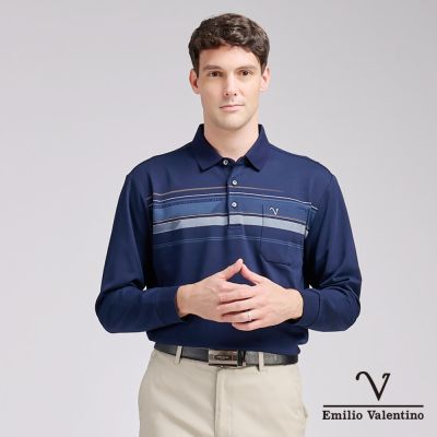 Emilio Valentino 範倫鐵諾 男長袖POLO衫 保暖蓄熱 口袋 藍(15-5V9991)