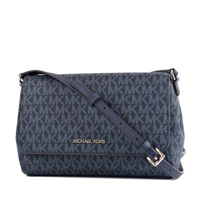MICHAEL KORS 緹花LOGO防刮皮革磁吸翻蓋斜背包-海軍藍