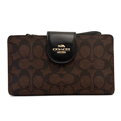 COACH 經典C LOGO手掛式手機拉鍊零錢袋長夾(深咖)