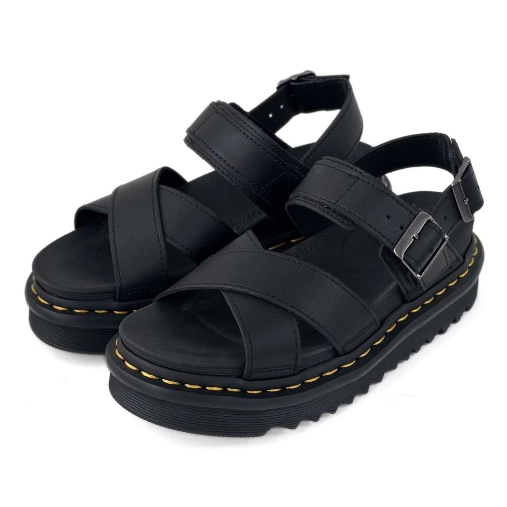 Dr.Martens 馬汀 VOSS II Athena 交叉寬帶真皮厚底運動涼鞋 女 黑 馬丁皮革輕量鞋底縫線休閒鞋 31558001