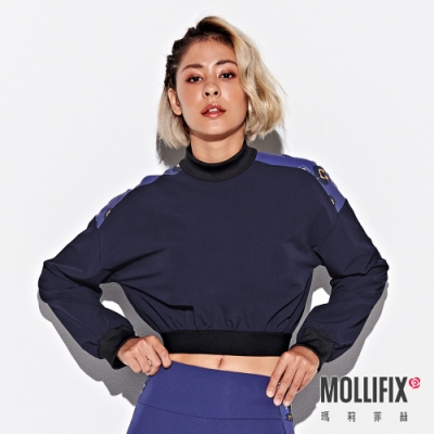 Mollifix 瑪莉菲絲 小立領短版長袖上衣 (藏青+豹紋藍) 暢貨出清