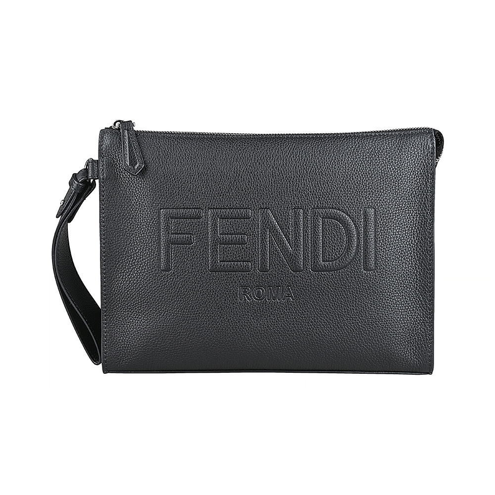 FENDI浮雕字母LOGO質感小牛皮拉鍊腕帶手拿包(黑)