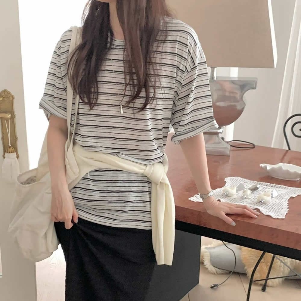 正韓女上衣 飄逸條紋五分袖T恤CPC1113-創翊韓都
