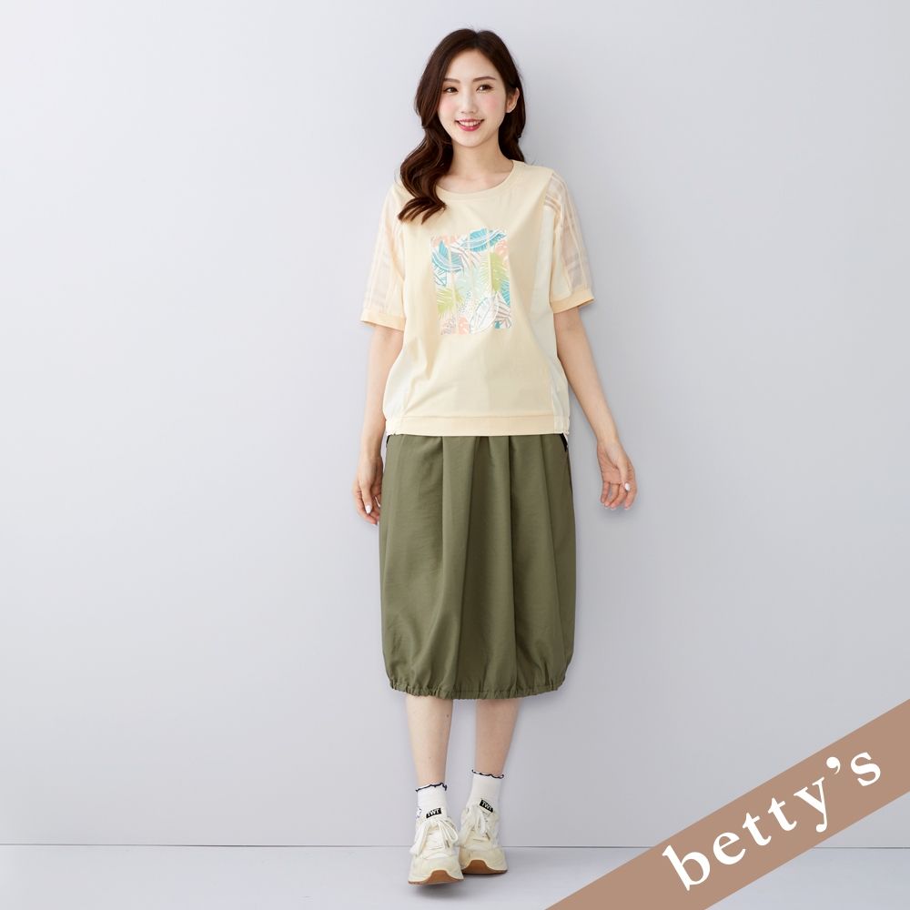 betty’s貝蒂思 格紋網紗拼接葉子印花T-shirt (淺黃) (淺黃)