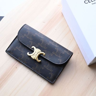 CELINE TRIOMPHE 品牌金屬LOGO印花款翻蓋式長款零錢卡包(深咖)