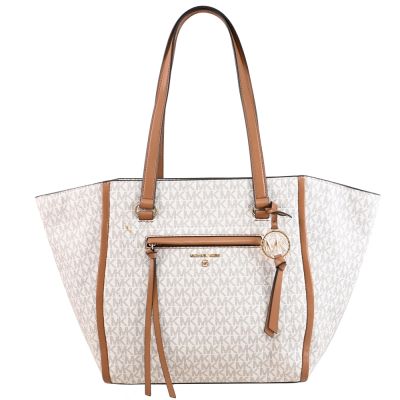 MICHAEL KORS CARINE 經典MK印花肩背拉鍊托特包(米白/咖-全新福利品)