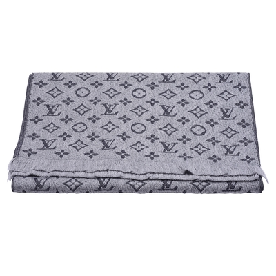 LV Louis Vuitton路易威登 M70932經典Monogram Classic系列雙色立體織花羊毛針織圍巾(淺灰色)
