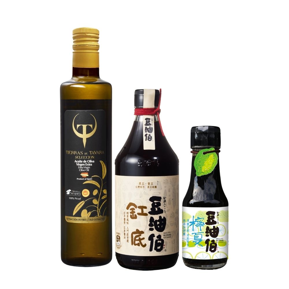 豆油伯 好油好醬組(賽古拉DO特級初榨橄欖油500ml+缸底釀造醬油500ml+檸夏釀造醬油(檸檬風味)100ml，(各1，共3入)