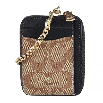 Coach 金色金屬浮雕標誌印花LOGO拉鍊零錢卡夾(卡其x黑)