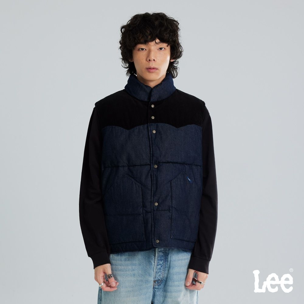 Lee 男款 舒適版型 101+ 80/20羽絨背心 藍黑拼接 LB616003898