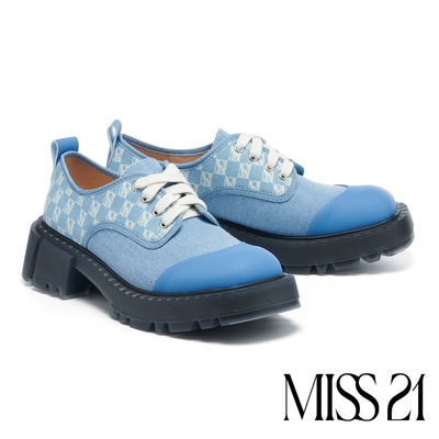 厚底鞋 MISS 21 霸氣酷跩丹寧LOGO老花綁帶大頭厚底鞋-藍