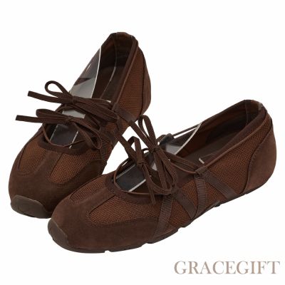 【Grace Gift】首爾芭蕾機能綁帶蝴蝶結瑪莉珍運動鞋 咖