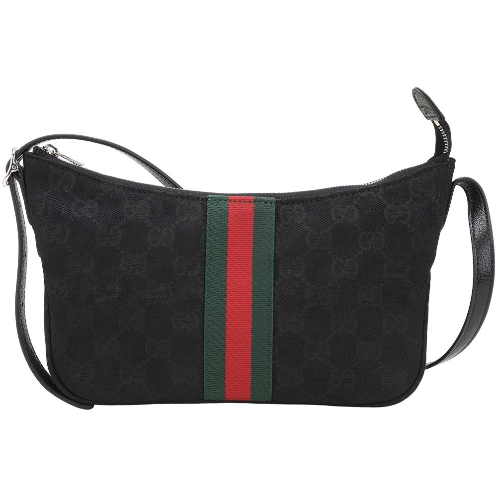 GUCCI 古馳 Lunetta 小款 綠紅綠織帶老花帆布手提 肩斜背包(黑色)