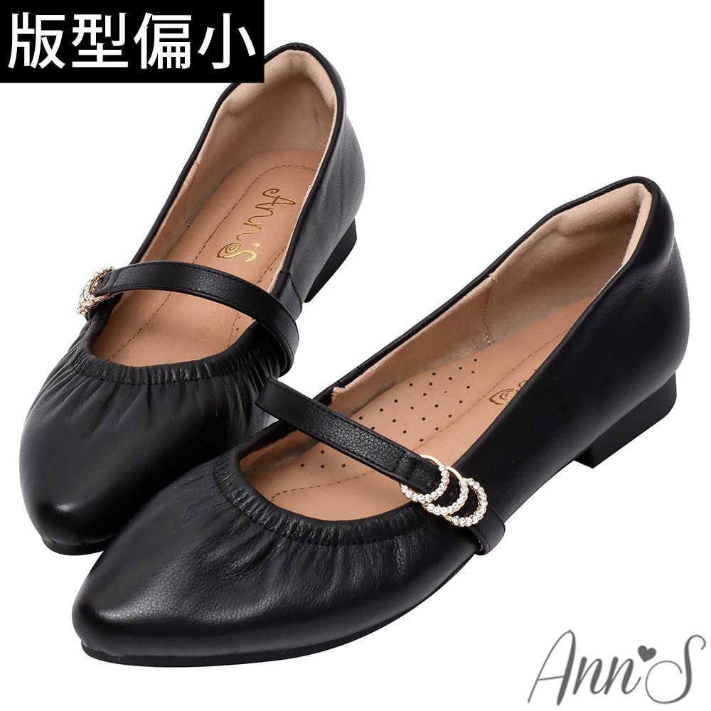 Ann’S軟糖沉醉-柔軟小牛皮抓皺鑽石金環瑪麗珍平底娃娃鞋1.5cm-黑 (版型偏小)