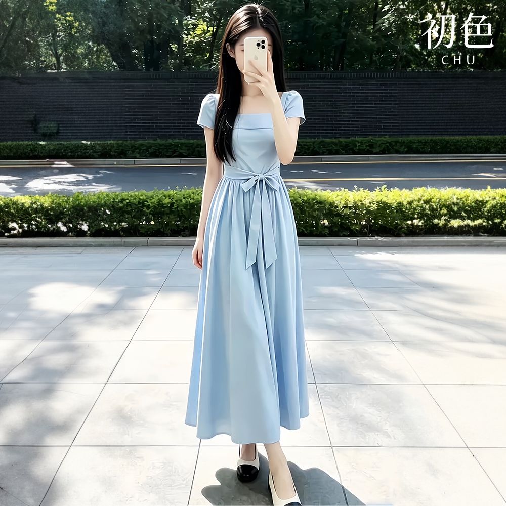 初色 法式純色方領收腰綁帶短袖中長裙連衣裙連身洋裝長裙-藍色-51600(M-XL可選)