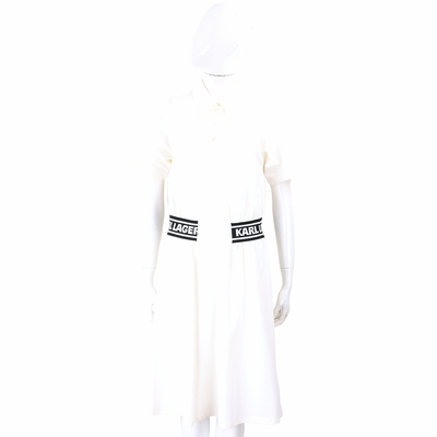 KARL LAGERFELD 字母鬆緊織帶拼短袖POLO衫米白色連身裙 洋裝