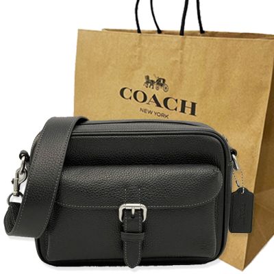 COACH 素面牛皮釦環中性男款郵差包/斜背包附紙袋(黑)